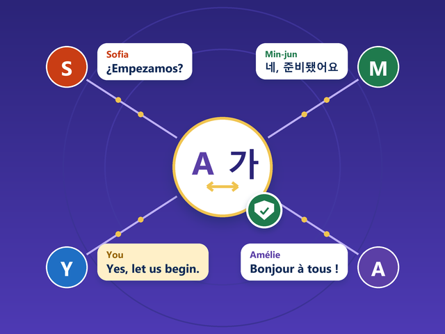 Four people write in Spanish, Korean, English and French, with a translation hub in the middle and a safety badge