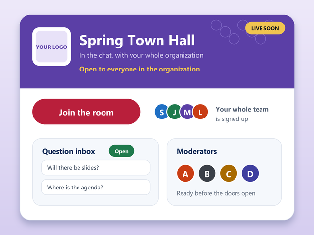 A branded event page with a join button and a question inbox