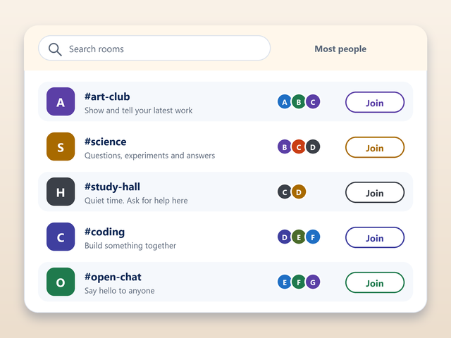 A room finder listing a school's chat rooms, each with a topic and a Join button
